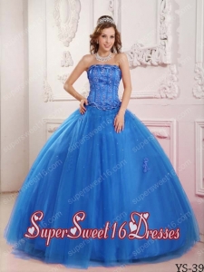 Elegant Tulle Appliques Ball Gown Strapless 2014 Quinceanera Dress in Blue