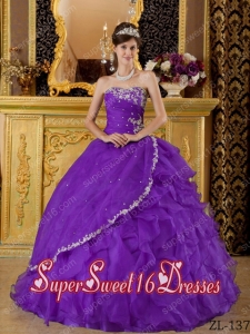 Fashionable Eggplant Purple Strapless Organza 2014 Quinceanera Dress with Appliques and Ruffles