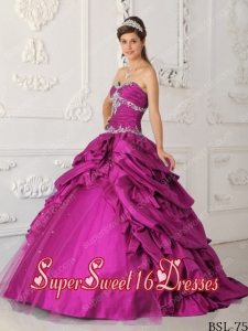 Fuchsia A-Line Sweetheart Taffeta and Tulle Appliques with Beading Cheap Sweet Sixteen Dresses