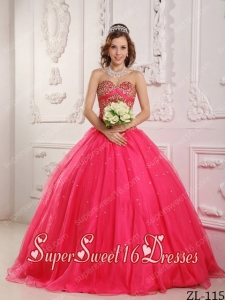 Red A-Line / Princess Sweetheart Satin and Organza 2014 Quinceanera Dress with Beading
