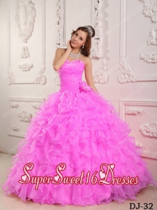 Romantic Beading Sweetheart Organza Rose Pink 2014 Quinceanera Dress with Hand Made Flower