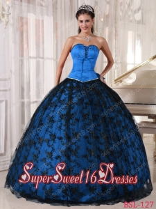 Sweetheart Blue and Black Custom Made Tulle and Taffeta Lace Quinceanera Dress