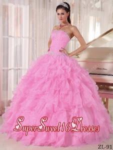Baby Pink Ball Gown Strapless Floor-length Organza Beading Cute Sweet Sixteen Dresses