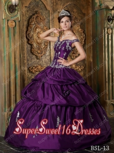 Ball Gown Off The Shoulder Taffeta Appliques Custom Made Sweet 16 Dresses in Purple