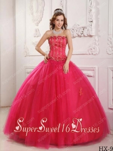 Ball Gown Strapless Tulle Hot Pink Custom Made Sweet 16 Dresses with Beading
