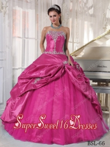 Hot Pink Ball Gown Strapless With Taffeta and Tulle Appliques Cute Sweet Sixteen Dresses