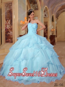 Light Blue Ball Gown Sweetheart With Organza Beading Cute Sweet Sixteen Dresses