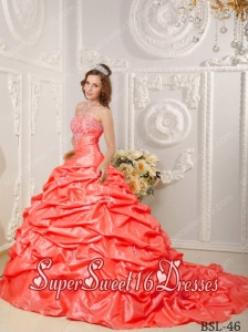 Orange Red Strapless Ball Gown Court Train Taffeta Appliques and Beading Custom Made Quinceanera Dress