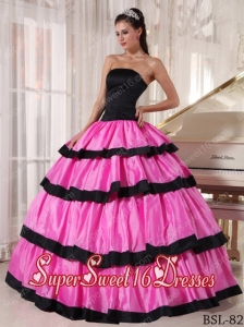 Taffeta Rose Pink and Black Ball Gown Strapless Floor-length Elegant Sweet 16 Dresses