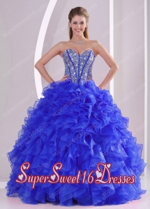 2014 Ball Gown Sweetheart Blue Military Ball Dress with Ruffles and Beading