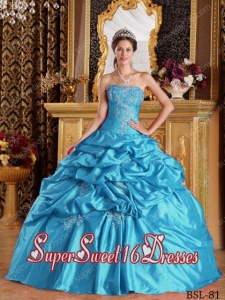 Beautiful Aqua Blue Ball Gown Strapless Floor-length Pick-ups Taffeta In New Style Sweet 16 Dresses