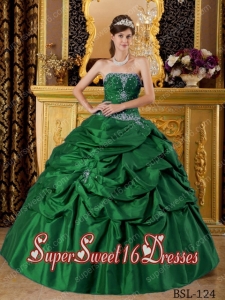 Green Ball Gown Strapless Floor-length Taffeta Appliques Cute Sweet Sixteen Dresses