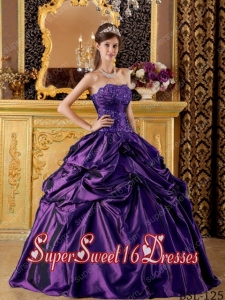 Purple Ball Gown Strapless Taffeta Military Ball Dress with Appliques