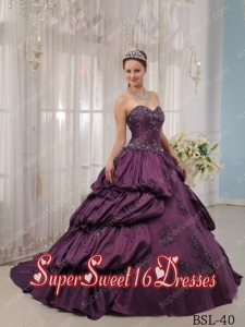 Purple Ball Gown Sweetheart Court Train With Appliques Cute Sweet Sixteen Dresses