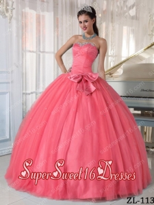 Watermelon Sweetheart Ball Gown Tulle Beading and Bowknot Military Ball Dress