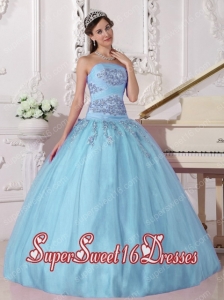 Appliques Baby Blue Strapless A-line Military Ball Dress with Beading