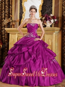 Appliques Ball Gown Strapless Taffeta Modest Sweet Sixteen Dresses in Fuchsia