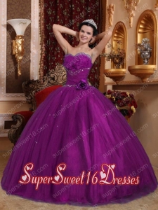 Eggplant Purple Sweetheart Tulle Beading Military Ball Dress with Hand Made Flowers