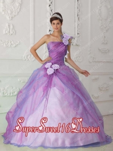 Modest Rose Pink Ball Gown One Shoulder Sweet Sixteen Dresses Organza with Beading and Hand Flowers