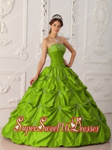 Olive Green Ball Gown Strapless Taffeta Appliques and Beading Modest Sweet Sixteen Dresses