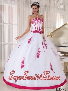 Sweet Sixteen Dress Appliques White and Red Ball Gown Discount Satin and Organza 2014