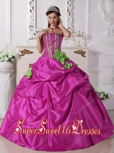 Modest Fuchsia Ball Gown Strapless Taffeta Sweet Sixteen Dresses with Beading and Hand Made Flowers