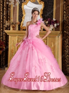 2014 Sweet Sixteen Dress Beading Hand Made Flower Light Pink One Shoulder Tulle Discount