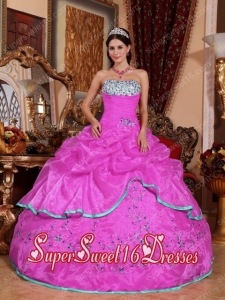 Beautiful Hot Pink Ball Gown Strapless With Organza Appliques And New Style For Sweet 16 Dresses