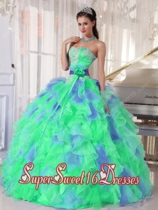 Green and Blue Sweetehart Ruffles and Appliques Perfect Sweet 16 Dress