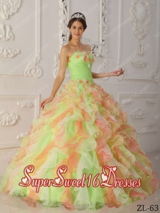 Multi-Color Ball Gown Strapless Floor-length Organza 15th Birthday Party Dresses in Hand Flowers and Ruffles
