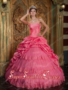 Strapless Pick-ups Taffeta and Tulle Appique Coral Red Sweet Sixteen Dress Discount 2014 Ball Gown