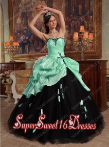 A-line Apple Green and Black A-line Sweetheart Tulle and Taffeta Perfect Sweet 16 Dress with Hand Made Flower