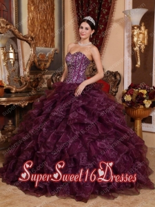Modest Dark Purple Ball Gown Sweetheart Organza Sequins Sweet Sixteen Dresses