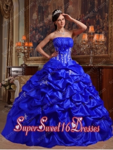 Royal Blue Taffeta Strapless Appliques and Pick Ups Perfect Sweet 16 Dress with Ruching