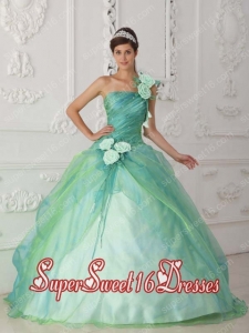 Plus Size In Apple Green Ball Gown With One Shoulder Floor-length Organza Beading and Hand Flower For Sweet 16 Dresses