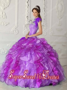 Purple Strapless Ball Gown Satin and Organza Beading Popular Sweet 16 Dresses