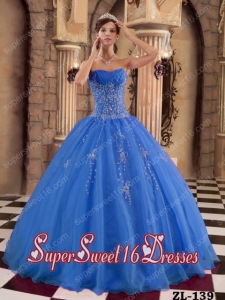 Blue Ball Gown Floor-length Organza Beading Simple Sweet Sixteen Dresses