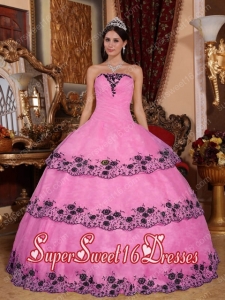 Pink Ball Gown Organza Lace Appliques Pretty Quinceanera Dresses