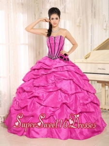 Plus Size In Hot Pink With Beaded and Hand Made Flowers Sweet 16 Dresses With Pick-ups