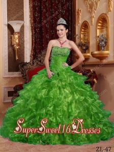 Strapless Green Ball Gown Organza Popular Sweet 16 Dresses with Beading