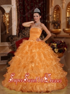 Orange Ball Gown Strapless Organza Pretty Quinceanera Dresses with Beading