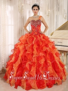 Orange Red One Shoulder Beaded and Ruffles Decorate for Pretty Quinceanera Dresses