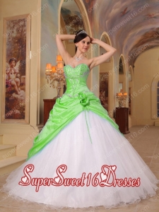 A-line Spring Green and White Sweetheart Beading Tulle and Taffeta Sweet Fifteen Dress