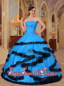 Appliques Strapless Organza Sweet Fifteen Dress in Aqua Blue and Black with Beading and Ruffled Layers