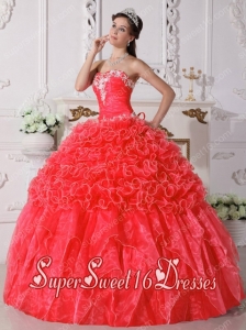 Coral Red Appliques Beading and Ruffels Ball Gown Strapless Organza Sweet Fifteen Dress