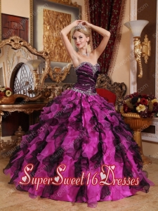 Fuchsia and Black Sweetheart Beading and Ruffles Sweet Fifteen Dress with Ruching