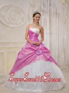 Lilac and White A-line Strapless Beading Taffeta and Tulle Sweet Fifteen Dress with Hand Made Flowers