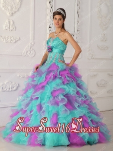 Multi-color A-line Strapless Organza Appliques and Hand Made Flower Sweet Fifteen Dress with Ruffels