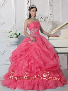 Organza Ball Gown Strapless Sweet Fifteen Dress in Watermeon with Appliques and Ruffles