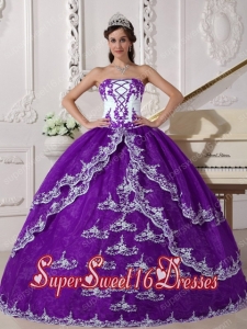 Purple and White Strapless Organza Appliques Ball Gown Sweet Fifteen Dress
